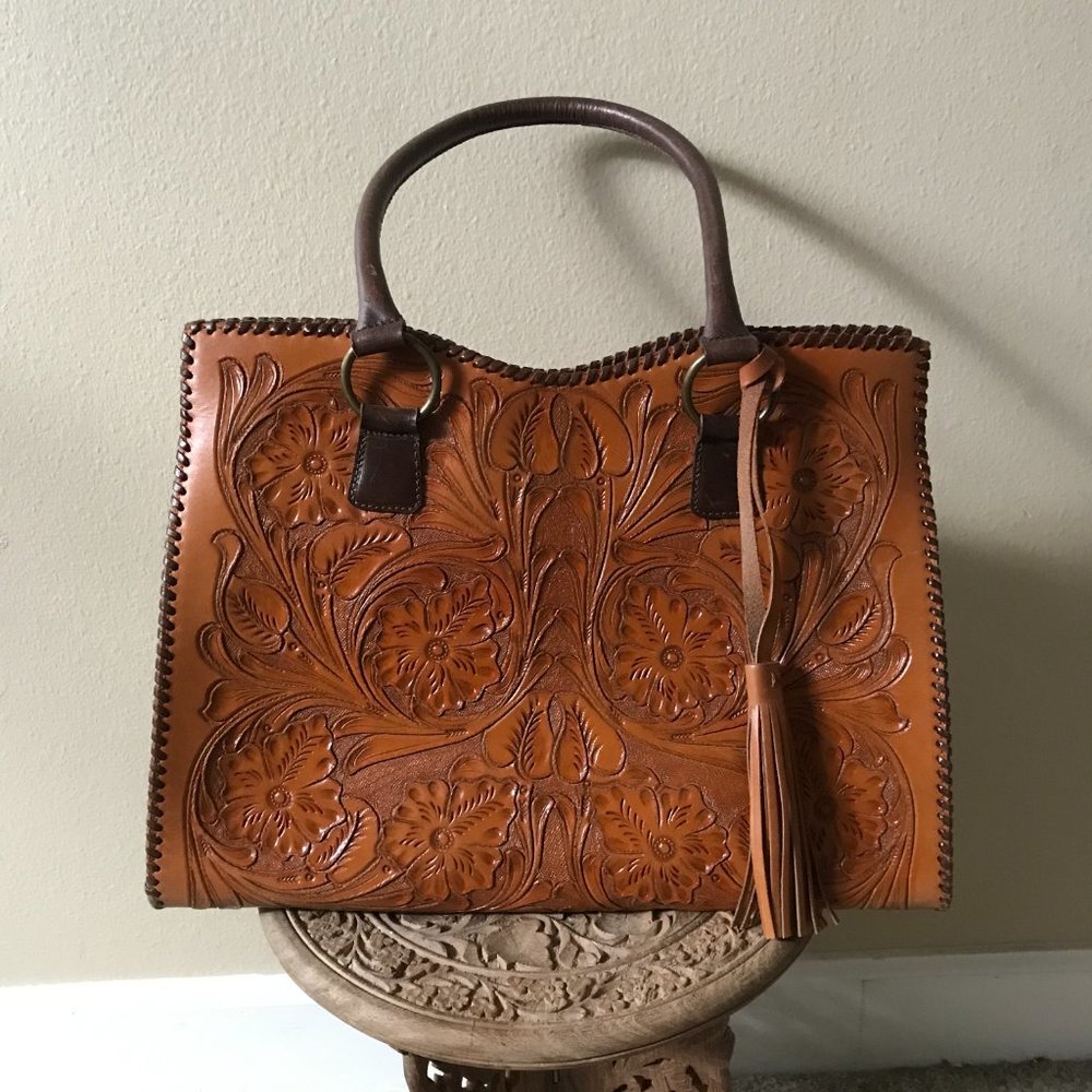 $258 Sundance Catalog Waverly brown tooled leather tote - made by Anabaglish